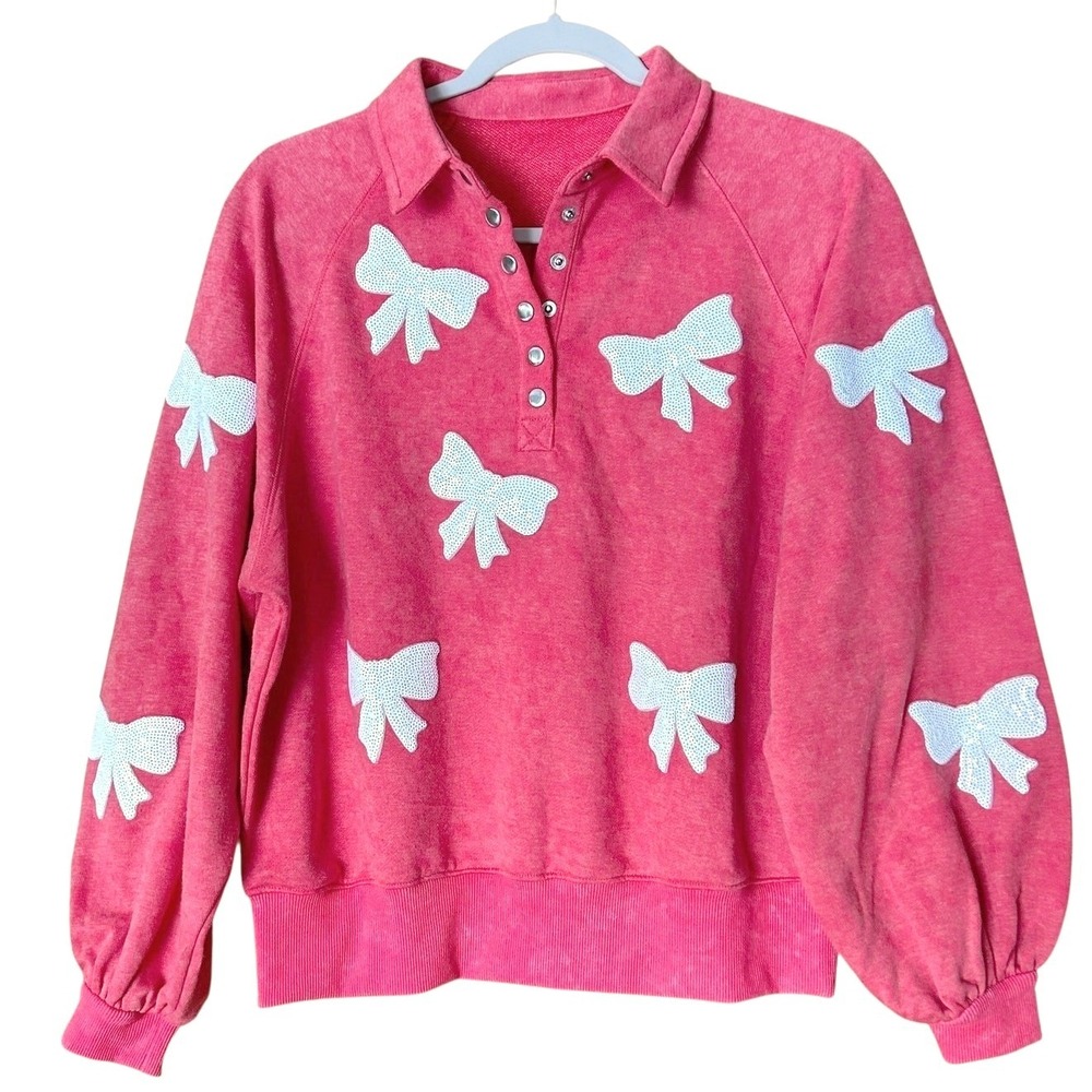 Kawaii Style Hot Pink Sweatshirt Women's Size S White Sequin Bow Applique‎
